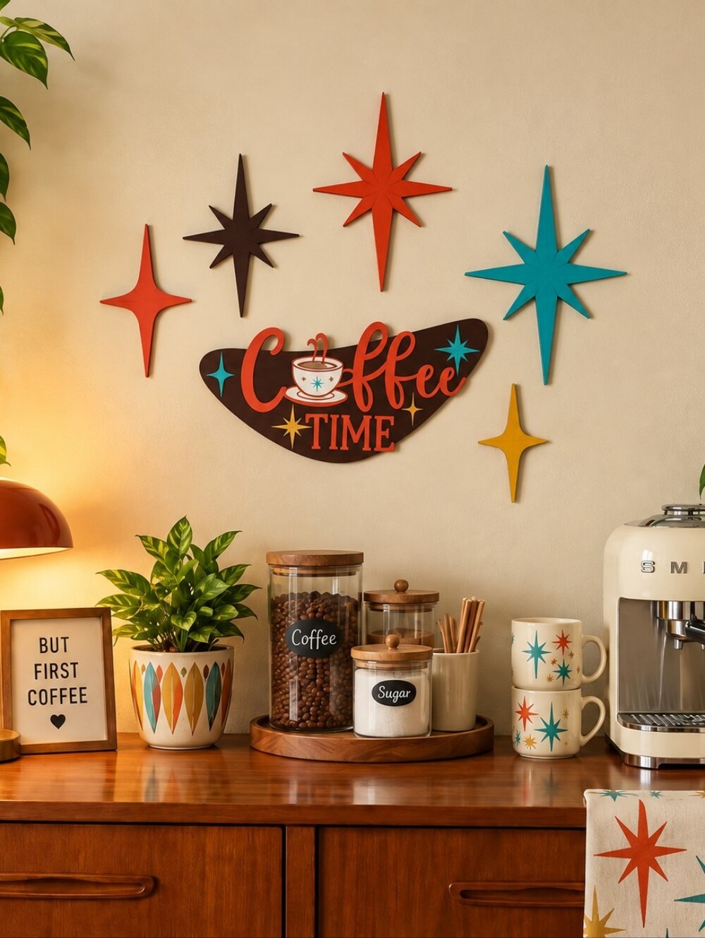 Mid Century Modern Wall Art Coffee Atomic Star Wood Home Office Kitchen MCM